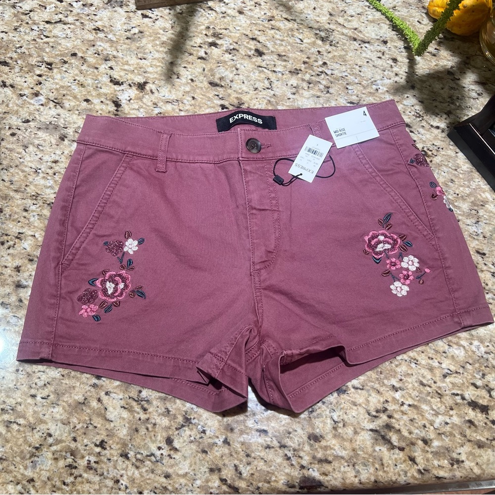Express Mid Rise Floral Embroidered Twill Shorts 4